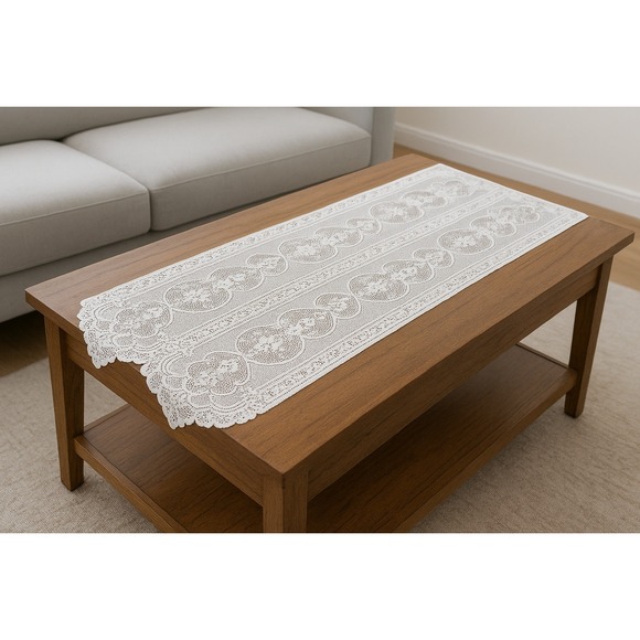 Lace Table Runner Dresser Scarf 38x15 Vtg Scalloped Floral Crochet Look No Tag - Picture 2 of 4